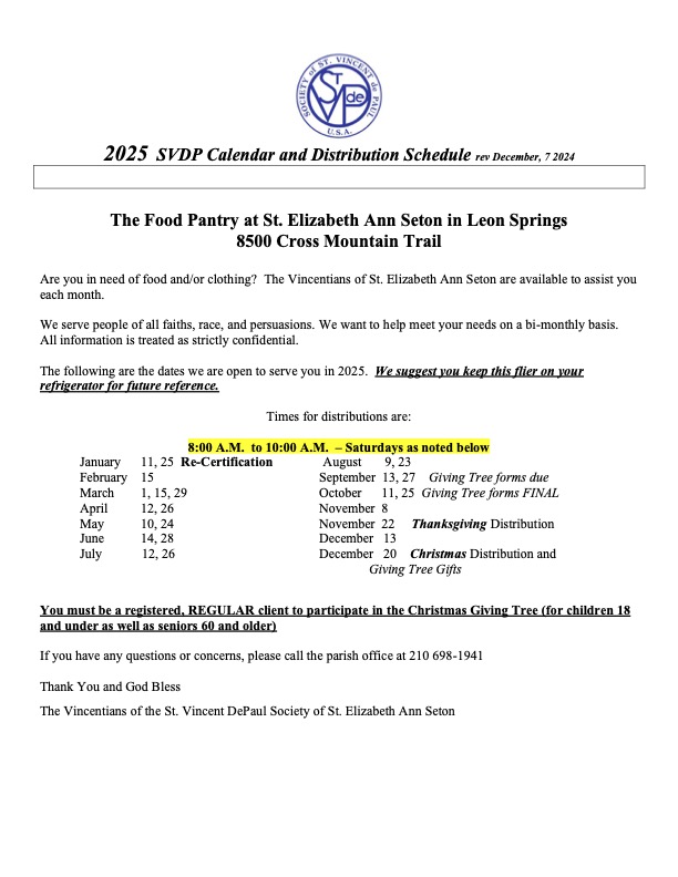 Food Pantry Calendar 2025 Saint Elizabeth Ann Seton